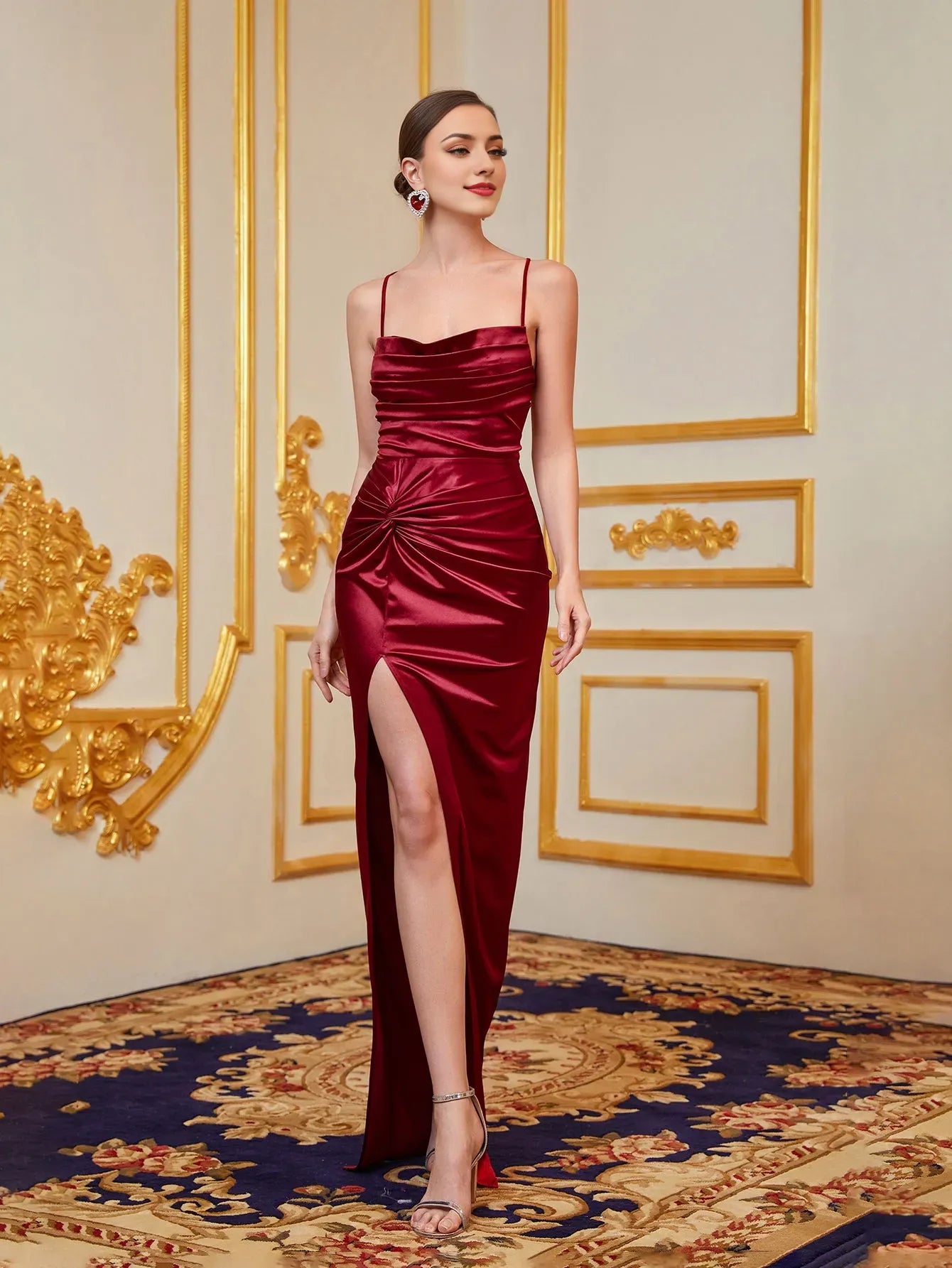 Elegant Evening Dresses Twist Front Split Thigh Slip Satin Party Dress Evening Dresses/ Evening Dresses For Women